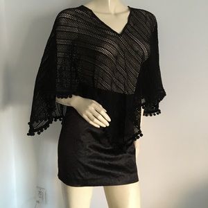 Caluna black crochet poncho coverup with Pom Poms